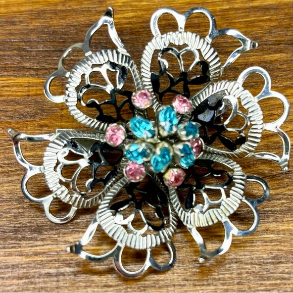 Bond Boyd Sterling Floral Brooch with Pink and Blue Stones - Picture 3 of 9